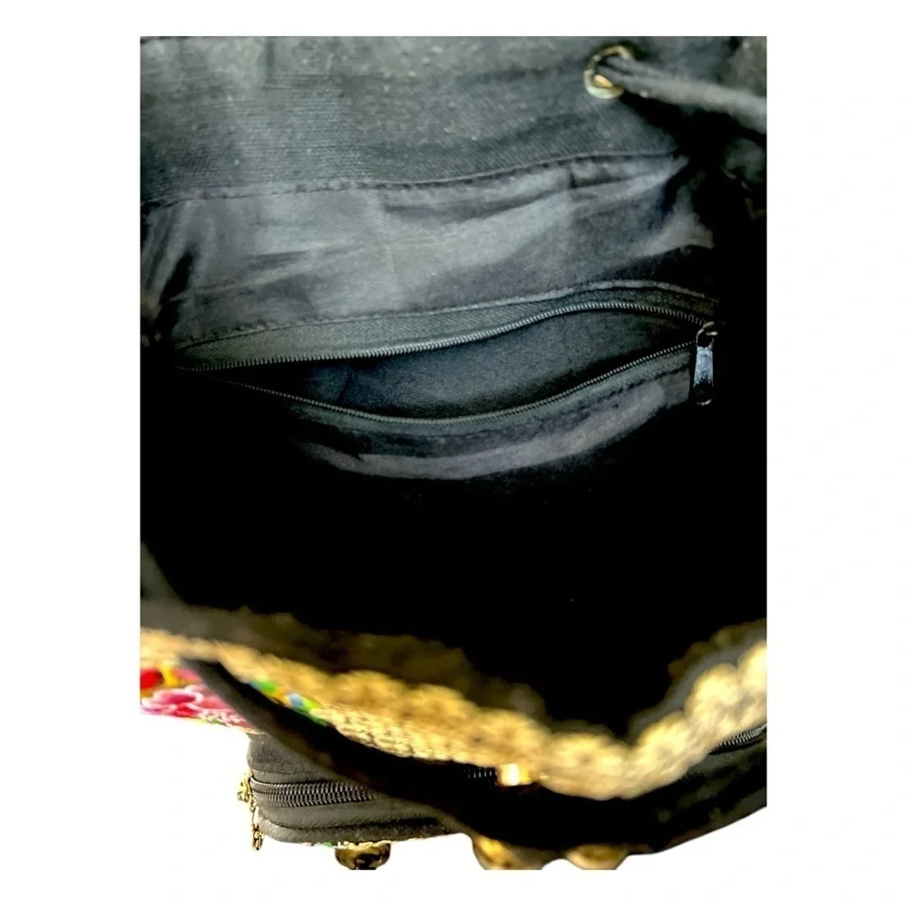 Boho Hippie Gypsy Embroidered Art to Wear Floral Cinch Sack Backpack Handbag